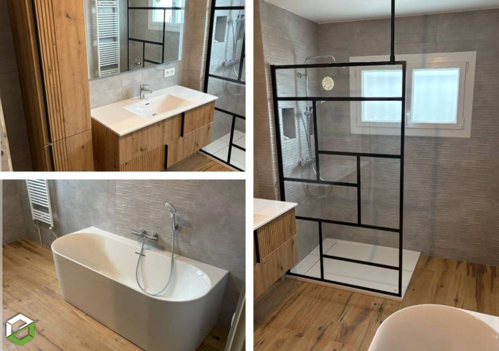 Rénovation complète d'une salle de bain avec baignoire, douche, meuble vasque GENAS