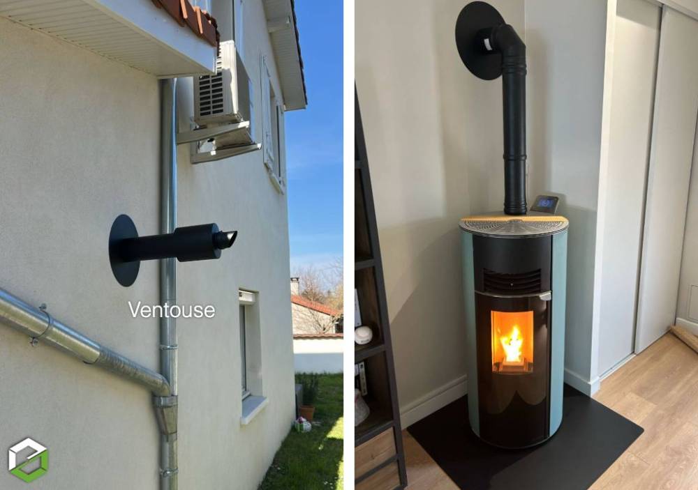 Installation d'un poêle à granulés HOBEN H6 ECLIPSE Vert d'Ô sortie ventouse DAGNEUX